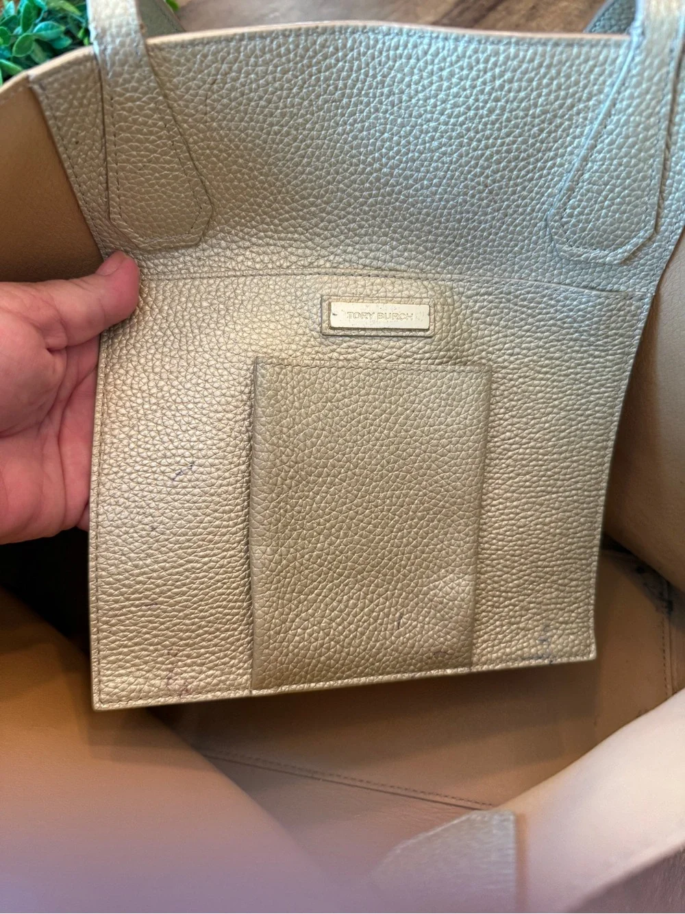 Tory Burch Metallic Champagne Gold Pebbled Leather Large Tote